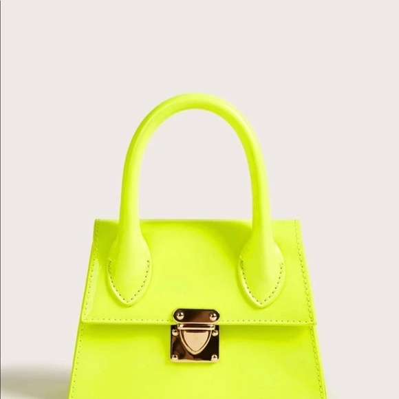 Neon lime push lock satchel bag - Picture 2 of 3